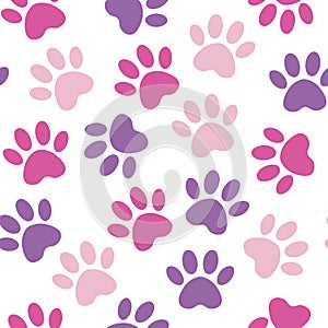 Paw crimson print seamless. Vector pink illustration animal paw track pattern. backdrop with silhouettes of cat or dog footprint
