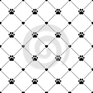 Paw dog or cat seamless pattern. Pepeating black steps dogs or cats on white background. Cute backdrop. Repeated pets prints