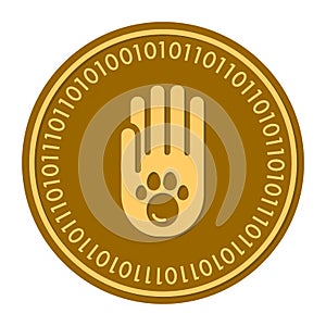 Paw Footprints golden digital coin icon. Vector style. gold yellow flat coin cryptocurrency symbol. solated on white