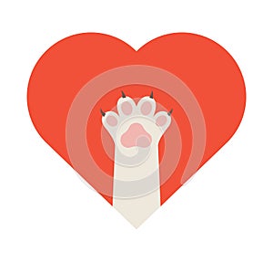 Paw heart love logo icon. Dog cat vector animal red heart background illustration icon.