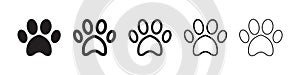 Paw icons in five different versions in a flat design photo