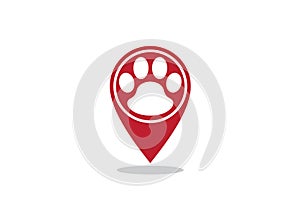 Paw and map pointer logo combination. Pet gps locator symbol or icon. Unique vet and pin logotype design vector