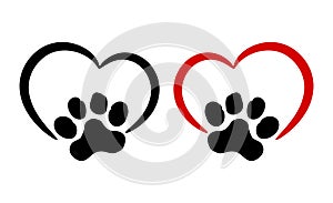 Paw mark footstep footprint sign.Pet cat dog paws.Red heart shape stencil love symbol.Puppy trail icon.