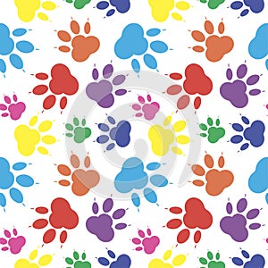 Paw pattern, seamless vector pattern silhouettes of paw, cat s feet, dog s footprint. Multicolor on a transparent