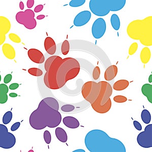 Paw pattern, seamless vector pattern silhouettes of paw, cat s feet, dog s footprint. Multicolor on a transparent