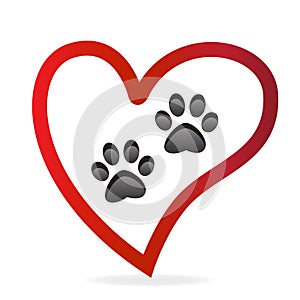 Paw pet inside of love heart logo vector icon.Paw prints pair