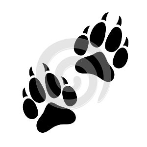 Paw print animal dog or cat clawed, silhouette footprints of an animal, flat icon, logo, black traces isolated on white background