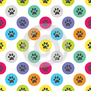 Paw Print in Circle Polka Dot Retro Seamless Pattern Vector Illustration