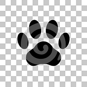 Paw print. Dog or cat vector, icon. Foot puppy isolated on transparent background. Footprint pet. Black silhouette paw. Cute shape