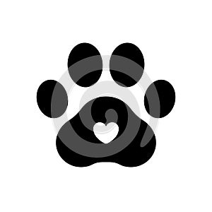 Paw print. Dog or cat vector, icon. Footprint pet. Foot puppy isolated on white background. Black silhouette paw. Cute shape paw p photo