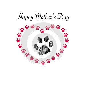 Paw print with hearts. Happy Mother`s Day greeting card