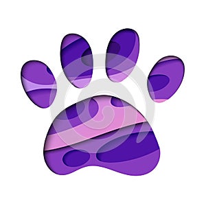 Paw print in layered paper cut style silhouette. Animal childish image of a paw print. Vector illustration