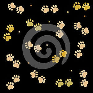 Paw print made of hearts made of golden colors. Valentine`s day black background