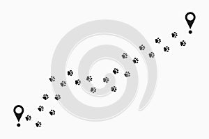 Paw print path. Animal pawprint trail tracking with location pin. Paw steps route. Vector.