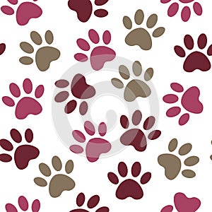 Paw print seamless. Vector illustration animal paw track pattern. backdrop with silhouettes of cat or dog footprint