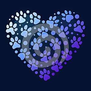 Paw Print symbols in Heart Shape - I Love Animals vector colorful illustration