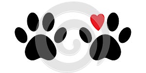 Paw print vector isolated icon. Paw with red heart. Dog paw print. . Black animal paw icon. Love concept