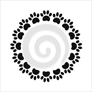 Black paw prints animals pets round frame border.