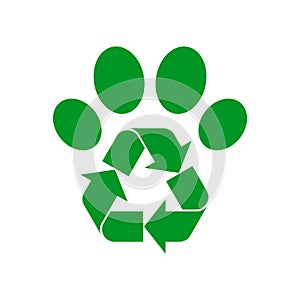 Paw with recycle sign. Recycled packaging idea. Brand identity logo template.