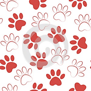 Paw red print seamless. Vector illustration animal paw track pattern. backdrop with silhouettes of cat or dog footprint