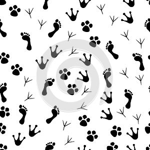 Paw seamless pattern. Animal and human paws. Footprint of cat, dog and bird for print. Cartoon or veterinary wallpaper with trace