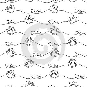 Paw seamless pattern. Repeating cute pet dog or cat background. Repeated modern footprint design for prints. Sample texture black