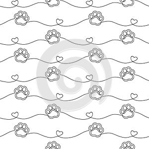 Paw seamless pattern. Repeating cute pet dog or cat background. Repeated modern footprint design prints. Sample texture black