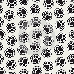 Paw seamless pattern. Repeating pet background. Modern footprint gray texture. Repeated contemporary puppy steps design for prints