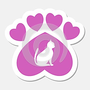 Paw Sign, Cat, Heart pink sticker- illustration