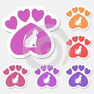 Paw Sign, Cat, Heart sticker set - illustration