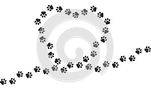 Paw vector trail print of cat isolated on white background. Heart silhouette. Dog or puppy silhouette animal tracks. Paw Print. Ve