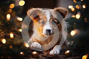 Pawfect Surprise: Cute Puppy Emerging from Christmas Tree Illuminated with Lights