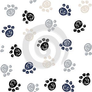 Seamless pattern with doodle dog paws. Black color animal print. Vector background. photo