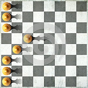 Pawn with the shadow of the queen, in front of the pawns. Top view. Leadership concept. Strength and aspirations