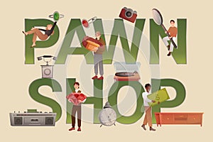 Pawnshop banner, poster design, tiny people buy and sell antique or jewelry in store