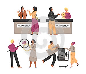 Pawnshop characters set of buyers and pawnbrokers vector illustration isolated.
