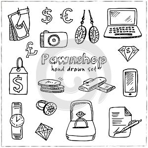 Pawnshop hand drawn doodle set. Sketches. Vector illustration for design and packages product. Symbol collection