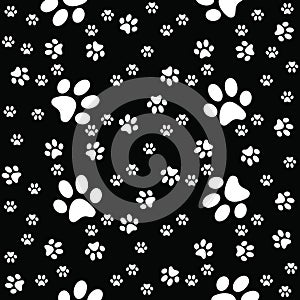 Paws background, paw black pattern, vector illustration