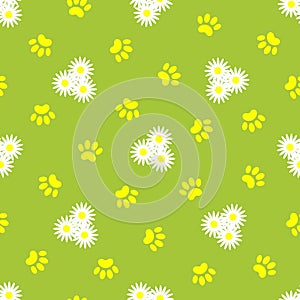 Summer floral green seamless pattern with pet paw prints.