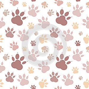 Paws pattern. Silhouettes of paws, cat s feet, dog s footprint. Pastel pink, nude on a transparent background. Seamless