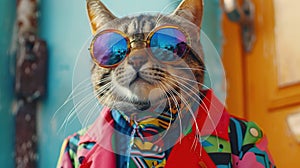 Paws and Patterns, Fashion forward Cat in Colorful Attire . Generative Ai photo