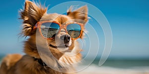 Pawsitively Adorable Dog in Sunglasses Strikes a Pose on the Beach. Generative AI
