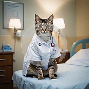 Pawsitively ready: a doctor cat with stethoscope, poised on bed, awaits patients for care photo