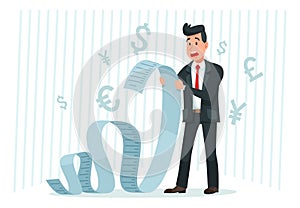 Pay big bill. Businessman holding long bill, shocked by payment amount and paying finance bills cartoon vector