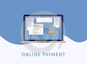 Pay bills tax online. Online digital invoices. Flat vector illustration