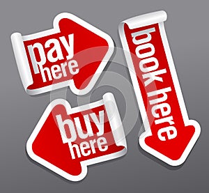 Pay, buy, book here stickers.