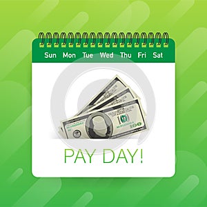 Pay day poster with bag of money and gold coins. Vector stock illustration