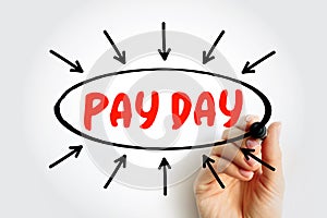 Pay Day is a specified day of the week or month when one is paid, text concept with arrows