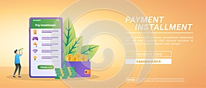 Pay installment concept. Bill payments using the mobile app. Paying internet, water, game vouchers bills. Suitable for web landing