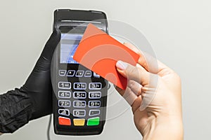 Pay money credit card for spending money with Payment machine. Copy space and empty place for advertising text mock up